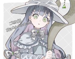 Rule 34 | 1girl, :d, border, bow, bowtie, braid, brooch, capelet, colored inner hair, commission, dot nose, earrings, frilled capelet, frills, green eyes, grey capelet, grey shirt, hair bow, hat, head tilt, highres, holding, holding staff, inu totemo, jewelry, long bangs, long sleeves, looking at viewer, mage staff, multicolored hair, open mouth, original, outside border, pink hair, purple hair, shirt, skeb commission, smile, solo, staff, two-tone hair, upper body, white border, white bow, white bowtie, white hat, witch hat