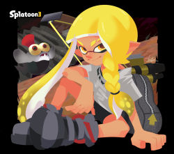 Rule 34 | 1girl, arm support, artist name, asymmetrical hair, backpack, bag, bike shorts, black border, black footwear, blonde hair, blunt bangs, blush, border, bow (weapon), braid, bulging eyes, closed mouth, colored sclera, domino mask, eyebrow cut, female focus, fish, flat chest, full body, grey shirt, hair tie, happy, highres, inkling, inkling girl, inkling player character, isamu-ki (yuuki), knee up, light blush, long hair, looking at viewer, mask, nintendo, nose blush, open mouth, orange eyes, outside border, pointy ears, red eyes, red hair, shirt, shoes, short hair, short sleeves, signature, single braid, sitting, smallfry (splatoon), smile, solo focus, splatoon (series), splatoon 3, spread legs, suction cups, teeth, tentacle hair, tentacles, twintails, very long hair, weapon, weapon on back, yellow sclera, zipper, zipper pull tab