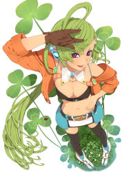 Rule 34 | 1girl, black thighhighs, breasts, bug, cleavage, clover, detached collar, from above, gloves, green hair, hair ornament, hand on own hip, highres, hip focus, insect, ladybug, long hair, looking at viewer, looking up, m/, midriff, navel, nayu, original, perspective, pigeon-toed, ponytail, purple eyes, skirt, smile, solo, standing, thighhighs, very long hair