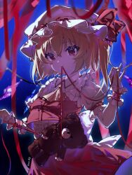 Rule 34 | 1girl, ascot, blonde hair, closed mouth, commentary, cowboy shot, crystal, flandre scarlet, frilled shirt collar, frills, hands up, hat, hat ribbon, highres, looking at viewer, medium hair, mob cap, mouth hold, one side up, puffy short sleeves, puffy sleeves, red eyes, red ribbon, red skirt, red vest, ribbon, ribbon in mouth, ringo no usagi (artist), shirt, short sleeves, signature, skirt, smile, solo, stuffed animal, stuffed toy, teddy bear, touhou, vest, white hat, white shirt, wings, wrist cuffs, yellow ascot