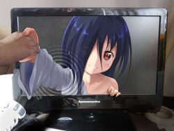 Rule 34 | 1girl, azumawari (azumofu), bare shoulders, black hair, blush, collarbone, commentary request, controller, foreshortening, fourth wall, game controller, gamepad, hair between eyes, hair over one eye, holding hands, long hair, long sleeves, looking at viewer, monitor, off shoulder, one eye covered, photo (medium), photo background, portrait, pov, product placement, red eyes, smile, solo focus, tape, tareme, the ring, through medium, through screen, wide sleeves, yamamura sadako