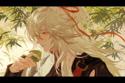 Rule 34 | 1boy, blonde hair, calendulamew, chinese commentary, choko (cup), commentary request, cup, day, from side, hair between eyes, hair intakes, hair ribbon, hand up, highres, holding, holding cup, honkai: star rail, honkai (series), jing yuan, leaf, letterboxed, long hair, looking ahead, male focus, mandarin collar, o-ring, portrait, profile, red ribbon, ribbon, smile, solo, yellow eyes