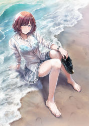 Rule 34 | 1girl, amagasa ikuta, arm rest, arm support, bare legs, barefoot, beach, black footwear, blue bra, blush, bra, bra visible through clothes, bracelet, bralines, breast pocket, breasts, collarbone, dress shirt, feet, footprints, full body, grey skirt, hair between eyes, hair ornament, hairclip, highres, higuchi madoka, holding, holding shoes, idolmaster, idolmaster shiny colors, jewelry, knees up, legs, light smile, looking at viewer, mary janes, medium hair, mole, mole under eye, nail polish, outdoors, pink nails, plaid, plaid skirt, pleated skirt, pocket, purple eyes, red hair, sand, school uniform, see-through, shirt, shoes, skirt, sleeves rolled up, small breasts, toenail polish, toenails, toes, underwear, water, wet, wet clothes, wet hair, wet shirt, wet skirt, white shirt