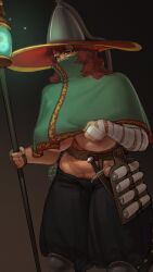 Rule 34 | 1girl, absurdres, breasts, covered face, dagger, female pubic hair, freckles, glasses, green shawl, highres, holding, holding lantern, knee pads, knife, knife sheath, lantern, large breasts, large hat, long hair, looking at viewer, original, pubic hair, pubic hair peek, red eyes, red hair, scroll, sheath, wass nonnam, weapon