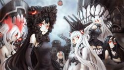 Rule 34 | 10s, 6+girls, abyssal ship, airfield princess, anchorage oni, apoidea, bare shoulders, battleship princess, black dress, black hair, bow, bowtie, crane (machine), crossed arms, detached sleeves, dress, escort fortress (kancolle), glowing, glowing eyes, gothic lolita, horns, isolated island oni, kantai collection, lolita fashion, long hair, looking at viewer, monster girl, multiple girls, pale skin, red eyes, seaport princess, single horn, southern ocean war princess, twintails, white hair
