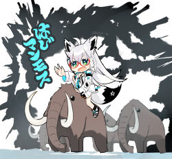 Rule 34 | 1girl, ahoge, animal ears, braid, eyebrows hidden by hair, fox ears, fox girl, fox tail, glasses, green eyes, hair between eyes, highres, hololive, jacket, mammoth, misono denpachi, open clothes, open jacket, open mouth, outstretched arm, riding, shirakami fubuki, shirakami fubuki (fubukitek), sidelocks, single braid, solo, tail, translation request, virtual youtuber, white hair, white jacket