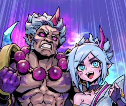 Rule 34 | 1boy, 1girl, :d, akuma (street fighter), alternate costume, bead necklace, beads, black sclera, blush, clenched hand, clenched teeth, colored sclera, crossover, darius (league of legends), earrings, green eyes, green hair, hand up, horns, jewelry, league of legends, muscular, muscular male, necklace, official alternate costume, open mouth, phantom ix row, pink eyes, pointy ears, riven (league of legends), single bare shoulder, single horn, smile, spirit blossom darius, spirit blossom riven, street fighter, teeth