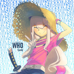 Rule 34 | 1girl, :&gt;, bandages, bandaged arm, bandaged hand, bandages, belt, blue pants, blush, boa (brianoa), commentary, english commentary, closed eyes, facing viewer, hand on headwear, hand up, hat, highres, katana, long hair, original, pants, pink shirt, shirt, smile, solo, straw hat, sword, very long hair, w, weapon, white belt, white hair, who (boa (brianoa)), wristband