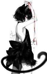 Rule 34 | 1girl, absurdres, animal ears, arm up, artist name, backless outfit, bare arms, bare back, bare shoulders, black choker, black dress, black hair, blood, breasts, cat ears, cat tail, choker, cowboy shot, dress, eyelashes, eyeshadow, from side, highres, limited palette, makeup, nail polish, original, profile, red eyes, red nails, sheya, signature, simple background, small breasts, solo, spot color, standing, strapless, strapless dress, tail, thighs, white background