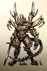 Rule 34 | 1boy, amemiya keita, armor, character request, claw (weapon), clawed boots, concept art, full armor, garo, garo (series), garo the flower of hell (series), gold armor, helmet, highres, holding, holding sword, holding weapon, keita amemiya, luminous beast garo, official art, solo, sword, tail, tokusatsu, weapon