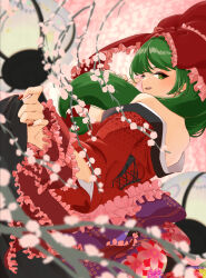 Rule 34 | 1girl, arm ribbon, back, blurry, blurry background, bow, frilled ribbon, frills, front ponytail, green eyes, green hair, hair bow, hair ribbon, highres, japanese clothes, kagiyama hina, kimono, lifted by self, looking at viewer, looking back, mamacha (vnct5755), open mouth, red bow, red kimono, red nails, red ribbon, ribbon, smile, solo, touhou, upper body