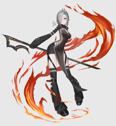 Rule 34 | 1girl, absurdres, blue eyes, boots, breasts, cross-laced clothes, eyes visible through hair, fantasy, fire, full body, grey background, grey hair, hair over one eye, highres, holding, holding staff, holding weapon, ikasamahideo, looking at viewer, medium breasts, mittens, original, short hair, short shorts, shorts, shrug (clothing), sideless outfit, signature, slit pupils, smile, solo, staff, thighhighs, weapon