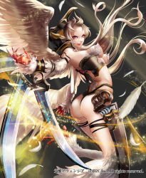 Rule 34 | 1girl, arched back, ass, blonde hair, breasts, cleavage, feathers, harpy, kakusei avenger, long hair, monster girl, ojyou, purple eyes, revealing clothes, solo, thong, weapon, wings