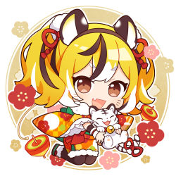 Rule 34 | :d, animal, animal ears, black hair, blonde hair, blush, brown eyes, checkered clothes, checkered kimono, cherry blossoms, chibi, chinese zodiac, fang, fur trim, hair ornament, hair ribbon, hairband, holding, holding animal, japanese clothes, kimono, koguma105, long sleeves, looking at viewer, medium hair, multicolored hair, new year, obi, open mouth, original, pantyhose, pom pom (clothes), pom pom hair ornament, ribbon, sash, seiza, sitting, smile, spinning top, streaked hair, tail, tail ornament, tail ribbon, thick eyebrows, tiger, tiger ears, twintails, v-shaped eyebrows, whiskers, white hair, wide sleeves, wristband, year of the tiger