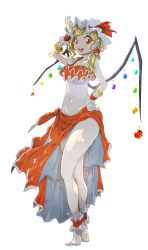 Rule 34 | 1girl, alternate costume, ankle cuffs, backlighting, barefoot, blonde hair, bow, bracelet, breasts, convenient leg, darjeeling (reley), fang, flandre scarlet, full body, hair ornament, hair scrunchie, hand on own hip, hand up, hat, hat bow, highres, jewelry, legs, looking at viewer, mob cap, navel, no panties, open mouth, red eyes, sarong, scrunchie, shiny skin, short hair, side ponytail, simple background, sketch, small breasts, smile, solo, teeth, thighs, toes, tongue, touhou, underboob, white background, wings, wrist cuffs