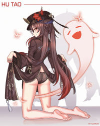 Rule 34 | 1girl, ass, barefoot, black panties, brown hair, closed eyes, fang, feet, flower, full body, genshin impact, ghost, half-closed eyes, hat, highres, hu tao (genshin impact), jewelry, kneeling, legs, lifting own clothes, long sleeves, looking at viewer, multicolored hair, nairobi song, open mouth, panties, red eyes, red hair, ring, simple background, smile, soles, solo, symbol-shaped pupils, tailcoat, thighs, toes, twintails, two-tone hair, underwear, white background, wide sleeves
