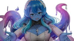 Rule 34 | 1girl, blue-framed eyewear, blue eyes, blue hair, blue skin, blush, breasts, choker, cleavage, colored skin, commission, commissioner upload, cross, cross necklace, detached sleeves, eyebrows, glasses, hair between eyes, heart, heart choker, highres, jewelry, kirimatsu, large breasts, long hair, long sleeves, looking at viewer, maid, maid headdress, messy hair, monster girl, multicolored hair, necklace, open mouth, original, outstretched arms, rectangular eyewear, sidelocks, slime girl, smile, solo, teeth, tentacles, tongue, transparent background, two-tone hair, upper body, upper teeth only, wallpaper, wavy hair