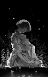 1boy absurdres arm_at_side belt black_background blunt_ends bow clenched_hand dichlorvos falling_petals feathers genshin_impact hand_on_own_chest head_tilt highres japanese_clothes kimono layered_clothes layered_kimono layered_sleeves looking_at_viewer male_focus monochrome pants parted_bangs parted_lips petals pom_pom_(clothes) reflection reflective_floor sash scaramouche_(genshin_impact) scaramouche_(kabukimono)_(genshin_impact) seiza sitting sleeves_past_elbows solo string wide_sleeves