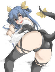 Rule 34 | 1girl, all fours, arc system works, artist request, ass, bare shoulders, blue hair, blush, bow, breasts, cameltoe, detached sleeves, dizzy (guilty gear), embarrassed, from behind, guilty gear, hair ribbon, highres, huge ass, large breasts, long hair, looking at viewer, looking back, miniskirt, open mouth, panties, red eyes, ribbon, shiny clothes, shiny skin, sideboob, skirt, solo, sweat, tail, tail bow, tail ornament, tears, thighhighs, underwear, wavy mouth