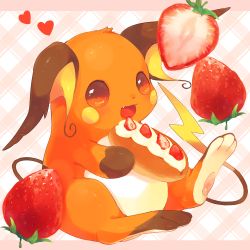Rule 34 | :d, bad id, bad pixiv id, blush, checkered background, creatures (company), fang, food, fruit, full body, game freak, gen 1 pokemon, heart, hideko (l33l3b), holding, holding food, looking at viewer, nintendo, no humans, open mouth, orange eyes, pink background, pokemon, pokemon (creature), raichu, sitting, smile, solo, strawberry