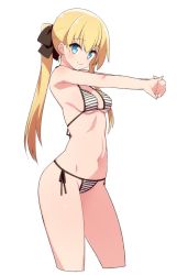 Rule 34 | 1girl, bikini, blonde hair, blue eyes, breasts, closed mouth, contrapposto, cowboy shot, cropped legs, fitness (manga), from side, interlocked fingers, long hair, looking at viewer, own hands together, side-tie bikini bottom, simple background, small breasts, smile, solo, striped bikini, striped clothes, stroma, swimsuit, tsubaki rei, twintails, white background