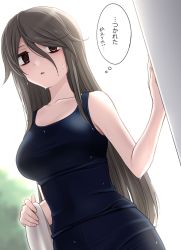 Rule 34 | 1girl, bare arms, bare shoulders, black one-piece swimsuit, breasts, brown hair, collarbone, covered navel, dutch angle, hair between eyes, hair over one eye, holding, holding towel, ikari manatsu, large breasts, long hair, looking at viewer, one-piece swimsuit, original, parted lips, red eyes, sasaki touko, school swimsuit, simple background, solo, swimsuit, thought bubble, towel, translation request, upper body, very long hair, wet, white background