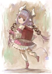 Rule 34 | 1girl, absurdres, backpack, bag, beads, black hairband, blue eyes, blunt bangs, capelet, dragon girl, dragon horns, dress, frills, from behind, full body, hair beads, hair ornament, hairband, highres, horns, kanna kamui, kobayashi-san chi no maidragon, long hair, long sleeves, looking at viewer, looking back, low twintails, ogimotozukin, purple hair, randoseru, shoes, solo, standing, standing on one leg, tail, thighhighs, twintails, white thighhighs, zettai ryouiki