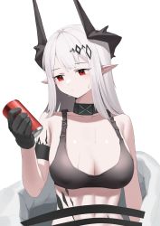 Rule 34 | 1girl, absurdres, arknights, black collar, black gloves, black sports bra, bodysuit, breasts, can, cleavage, collar, collarbone, demon horns, elite ii (arknights), gloves, hair ornament, highres, holding, holding can, horns, infection monitor (arknights), large breasts, long hair, looking at object, material growth, mudrock (arknights), mudrock (elite ii) (arknights), open bodysuit, open clothes, oripathy lesion (arknights), pointy ears, red eyes, siguya, simple background, solo, sports bra, upper body, white background, white bodysuit, white hair