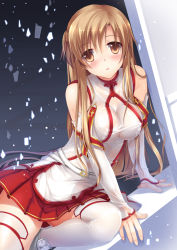 Rule 34 | 10s, 1girl, asuna (sao), blush, breasts, brown eyes, brown hair, detached sleeves, long hair, looking at viewer, skirt, solo, sousouman, sword art online, thighhighs, white thighhighs