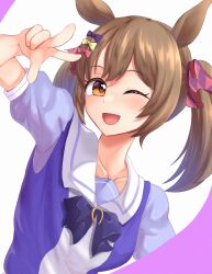 Rule 34 | 1girl, animal ears, blush, breasts, brown eyes, brown hair, collarbone, hair ornament, highres, horse ears, horse girl, horse tail, mukae gou, one eye closed, open mouth, portrait, school uniform, smart falcon (umamusume), tail, tracen school uniform, umamusume, white background