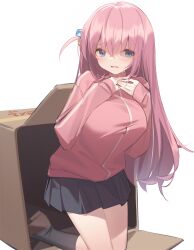 Rule 34 | 1girl, black skirt, black socks, blue eyes, blush, bocchi the rock!, box, breasts, brown footwear, cardboard box, commentary request, cube hair ornament, gotoh hitori, hair between eyes, hair ornament, hands up, highres, jacket, kildir, kneeling, large breasts, long hair, long sleeves, one side up, parted lips, pink hair, pink jacket, pleated skirt, shoes, simple background, skirt, sleeves past wrists, socks, solo, track jacket, very long hair, wavy mouth, white background