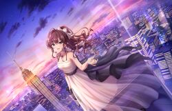 Rule 34 | 1girl, blue eyes, brown hair, building, cityscape, cloud, dress, game cg, ichinose shiki, idolmaster, idolmaster cinderella girls, idolmaster cinderella girls starlight stage, official art, ponytail, solo