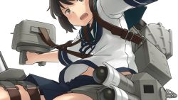 Rule 34 | 10s, 1girl, :o, backpack, bag, blue skirt, brown eyes, brown hair, cannon, cropped, hayashi naoharu, kantai collection, machinery, miyuki (kancolle), official style, open mouth, pleated skirt, sailor collar, school uniform, serafuku, shirt, short hair, short sleeves, simple background, skirt, solo, thigh strap, torpedo, turret, white background, white shirt
