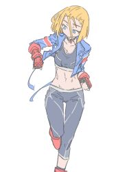 Rule 34 | 1girl, abs, blonde hair, blue eyes, boots, cammy white, choker, combat boots, d sugama, facial scar, gloves, highres, jacket, navel, pants, scar, scar on cheek, scar on face, short hair, sports bra, street fighter, street fighter 6