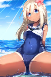 Rule 34 | 10s, 1girl, arms behind back, blonde hair, blue eyes, blue skin, cameltoe, cloud, colored skin, covered navel, crop top, day, flower, hair flower, hair ornament, kantai collection, light rays, long hair, looking at viewer, one-piece swimsuit, one-piece tan, ro-500 (kancolle), school swimsuit, school uniform, serafuku, sitting, smile, solo, spread legs, sunbeam, sunlight, swimsuit, swimsuit under clothes, tan, tanline, tenken (gotannda), water