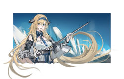 Rule 34 | 1girl, :d, absurdres, arknights, bare shoulders, blonde hair, blue eyes, blue hairband, breasts, commentary request, echj, hair between eyes, hairband, highres, holding, holding sword, holding weapon, horns, long hair, looking at viewer, medium breasts, open mouth, pointy ears, saileach (arknights), shirt, smile, solo, sword, upper body, very long hair, weapon, white shirt