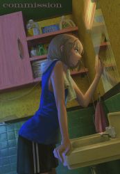Rule 34 | 1girl, absurdres, bathroom, blonde hair, blue eyes, blue tank top, cabinet, condensation, dutch angle, hair ornament, hairclip, highres, kanikumi toi, mirror, parted lips, short hair, shorts, sink, tank top, tile wall, tiles, towel, towel around neck, wet