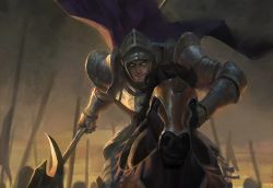 Rule 34 | 1boy, animal, armor, blue cape, breastplate, cape, full armor, gauntlets, glowing, glowing eyes, green eyes, hecarim, helm, helmet, holding, holding polearm, holding weapon, horse, humanization, knight, league of legends, looking at viewer, male focus, official alternate costume, official art, outdoors, pauldrons, polearm, riding, ruination: a league of legends novel, shoulder armor, solo focus, sunset, weapon