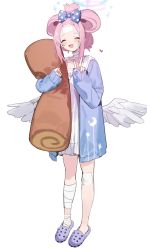Rule 34 | 1girl, absurdres, bandaged fingers, bandaged leg, bandaged neck, bandages, bandaid, blue archive, borrowed hairstyle, cinnamiku hairstyle, cinnamoroll, closed eyes, crocs, folded twintails, hair ribbon, halo, heart, highres, hugging object, mika (blue archive), pink hair, ribbon, sandals, sanrio, sh (shinh), simple background, solo, stuffed toy, v, white background, wings