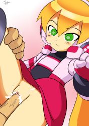 Rule 34 | 1girl, absurdres, android, blonde hair, blush, call (mighty no. 9), call f, clothed sex, cum, disembodied penis, dress, eyebrows, fingerless gloves, flat chest, gloves, green eyes, hairband, highres, jacket, long hair, mighty no. 9, penis, ponytail, pussy, robot, sex, shirt, uncensored, vaginal