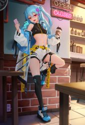 Rule 34 | 1girl, absurdres, asymmetrical legwear, belt, black socks, blue footwear, blue hair, blush, breasts, cellphone, commission, crop top, cup, fang, half-closed eyes, highres, holding, holding cup, holding phone, indoors, jacket, kneehighs, leg up, long hair, long sleeves, looking at viewer, navel, open mouth, over-kneehighs, phone, pink eyes, pjman, popura, shoes, short shorts, shorts, single kneehigh, single over-kneehigh, single sock, single thighhigh, skin fang, small breasts, smartphone, smile, sneakers, socks, solo, stool, table, thighhighs, white shorts