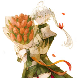 Rule 34 | 1girl, ahoge, alisaie leveilleur, black skirt, blue eyes, bouquet, braid, braided ponytail, brown jacket, commentary, cowboy shot, elezen, elf, falling petals, final fantasy, final fantasy xiv, flower, from side, frown, hair between eyes, hair ribbon, highres, holding, holding bouquet, jacket, long hair, long sleeves, looking at viewer, peppermint jet, petals, pointy ears, red flower, red ribbon, red tulip, ribbon, sideways glance, simple background, single braid, skirt, solo, standing, tulip, white background, white hair