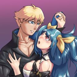 Rule 34 | absurdres, blonde pubic hair, blue eyes, blue hair, couple, dancer, dizzy (guilty gear), guilty gear, guilty gear strive, highres, husband and wives, ky kiske, long hair, long sleeves, looking at another, red eyes