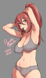 Rule 34 | 1girl, agawa ryou, armpits, arms up, artist name, bra, breasts, cameltoe, cleavage, covered erect nipples, dated, green eyes, grey background, grey bra, grey panties, groin, hair tie, large breasts, long hair, mouth hold, navel, original, panties, ponytail, puffy nipples, red hair, simple background, solo, sports bra, thick thighs, thighs, toned, tying hair, underwear, wide hips