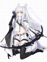 Rule 34 | 1girl, absurdres, animal ear fluff, animal ears, arknights, arrow (projectile), black footwear, black gloves, black thighhighs, boots, bow (weapon), character name, commentary request, gloves, highres, holding, holding bow (weapon), holding weapon, jacket, kneeling, lalihop, long hair, long sleeves, midriff, navel, partial commentary, platinum (arknights), quiver, short shorts, shorts, solo, stomach, thighhighs, thighs, very long hair, weapon, white hair, white jacket, white shorts, yellow eyes