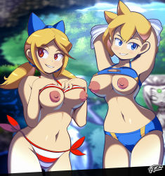 Rule 34 | 2girls, absurdres, bikini, blonde hair, blue bikini, blue eyes, bow, breasts, breasts out, cleavage, cleavage cutout, clothing cutout, eyebrows, freakyed, grin, hair bow, highres, large breasts, low twintails, midriff, multiple girls, navel, nipples, red bikini, red eyes, shantae (series), shantae and the pirate&#039;s curse, short hair, side-tie bikini bottom, smile, striped bikini, striped clothes, swimsuit, tankini, twintails, twitch (shantae), vinegar (shantae), wayforward