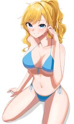 1girl absurdres adjusting_hair ban_(puka_0507) bikini blonde_hair blue_bikini blue_eyes blush breasts breasts_apart collarbone commentary_request covered_navel front-tie_bikini_top front-tie_top highres idolmaster idolmaster_cinderella_girls large_breasts long_hair looking_at_viewer ohtsuki_yui ponytail side-tie_bikini_bottom sitting smile solo string_bikini swimsuit thighs wariza wet white_background