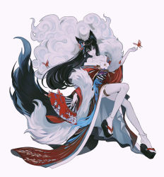 Rule 34 | 1girl, ahri (league of legends), animal ears, bare shoulders, black hair, breasts, bug, butterfly, cleavage, fox ears, fox girl, fox tail, hand fan, hand up, holding, holding fan, insect, japanese clothes, kimono, knee up, league of legends, long hair, off shoulder, paper fan, platform clogs, red butterfly, red kimono, shan gui yu yao, simple background, solo, tail, white background