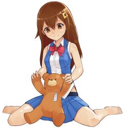 Rule 34 | 1girl, ankimo (tokino sora), barefoot, blue skirt, bow, bowtie, brown eyes, brown hair, commentary request, hair flaps, hair ornament, hairclip, hololive, long hair, miniskirt, namicha, pleated skirt, red bow, red bowtie, shirt, simple background, sitting, skirt, sleeveless, sleeveless shirt, solo, stuffed animal, stuffed toy, teddy bear, tokino sora, tokino sora (old design), virtual youtuber, wariza, white background