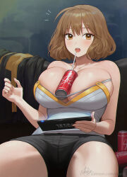 Rule 34 | 1girl, anis (nikke), areola slip, bare shoulders, between breasts, black shorts, breasts, brown eyes, brown hair, bursting breasts, can, cellphone, cleavage, couch, cowboy shot, drink, drink can, drinking straw, goddess of victory: nikke, highres, holding, holding phone, huge breasts, indoors, jacket, large breasts, looking at viewer, nhaliz, on couch, open mouth, paid reward available, patreon username, phone, shirt, short hair, short shorts, shorts, sidelocks, signature, sitting, skindentation, smartphone, soda can, solo, thighs, unworn jacket, white shirt